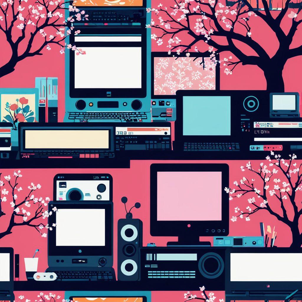 A visually striking illustration featuring a timeline of explicit anime evolution, showcasing diverse artistic styles from the 1980s to modern day, including iconic characters and scenes. Integrate elements of Japanese culture, such as cherry blossoms and traditional architecture, blending with contemporary digital aesthetics. Showcase the impact of technology through screens and devices displaying various forms of adult content. The color palette should be bold and eye-catching, emphasizing the contrast between past and present. vibrant colors. digital art. 3D.